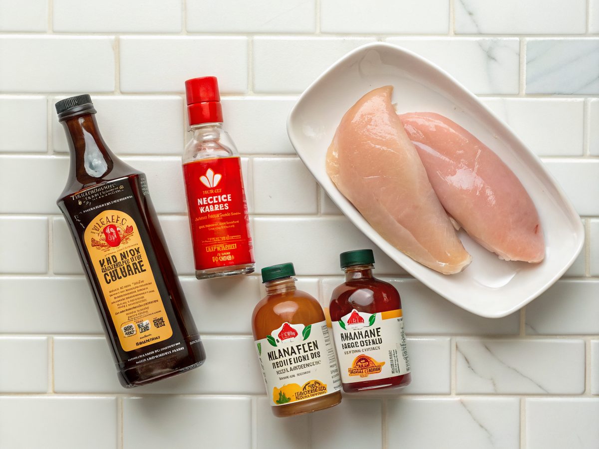 Top view image showing ingredients for Grilled Maple Sriracha Chicken Bowl, including maple syrup and sriracha.