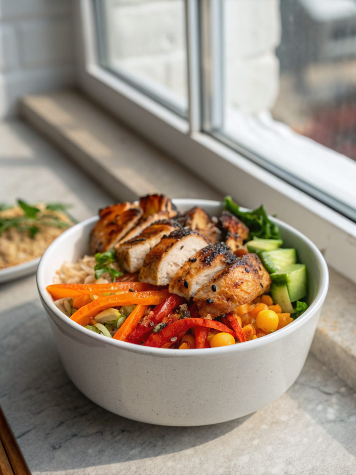 Grilled Maple Sriracha Chicken Bowl served in a white dish garnished with fresh herbs and lime wedges.