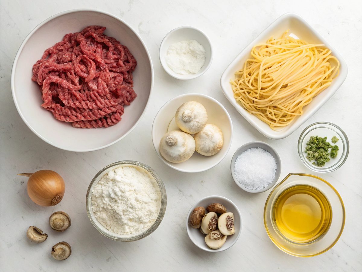 Ingredients for Ground Beef Stroganoff laid out for an easy cooking experience.