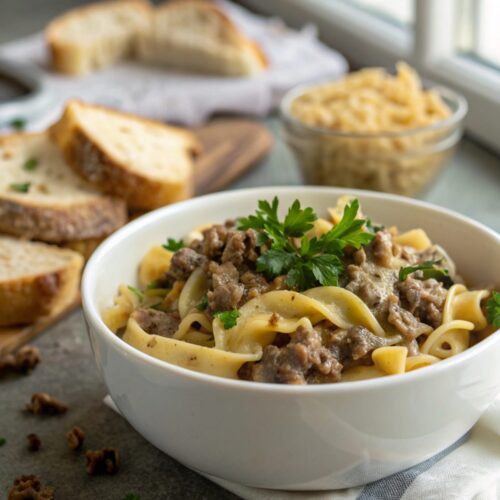 Close-up photo of a serving of ground beef stroganoff showcasing its creamy sauce and tender beef.