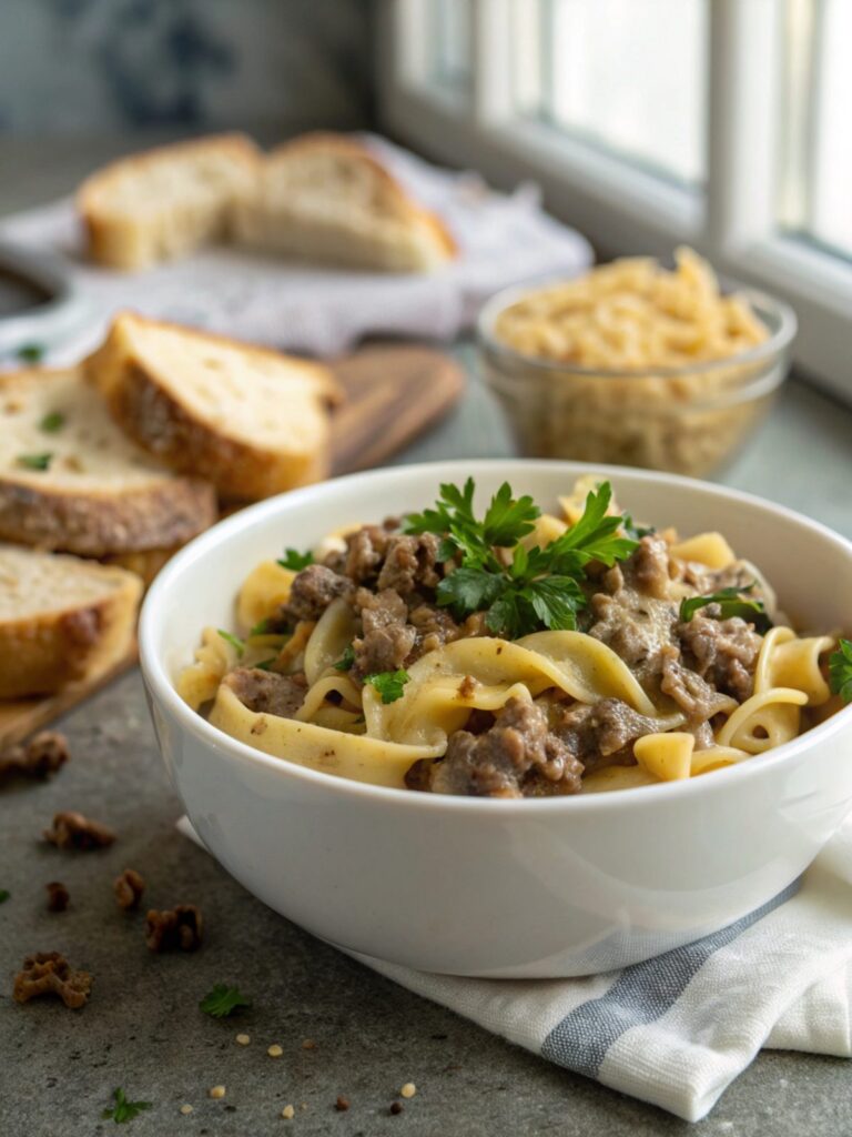 Close-up photo of a serving of ground beef stroganoff showcasing its creamy sauce and tender beef.