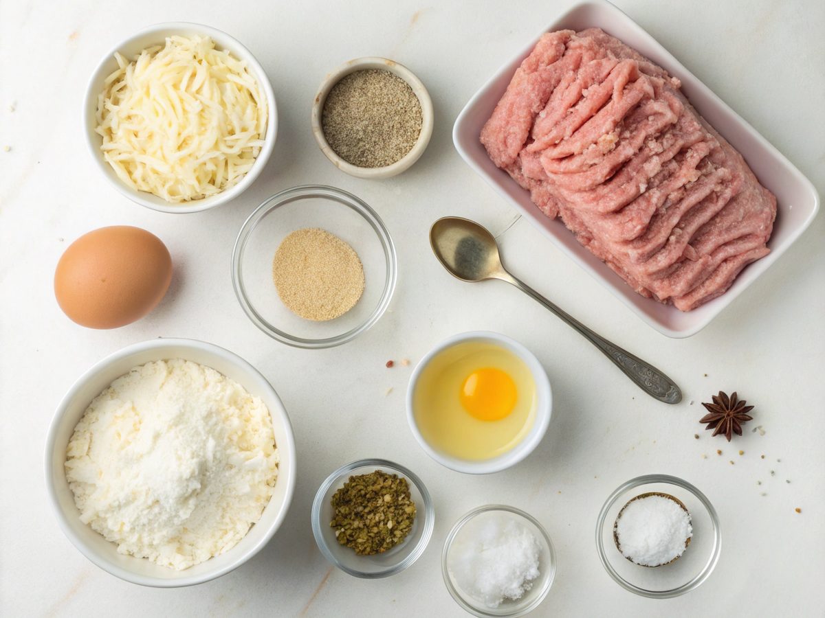 Image showing ingredients for making ground chicken pizza crust including cheese and spices.