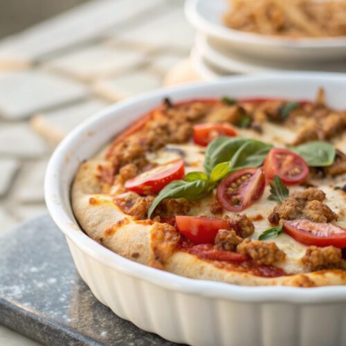 Beautifully cooked ground chicken pizza crust displayed with toppings.