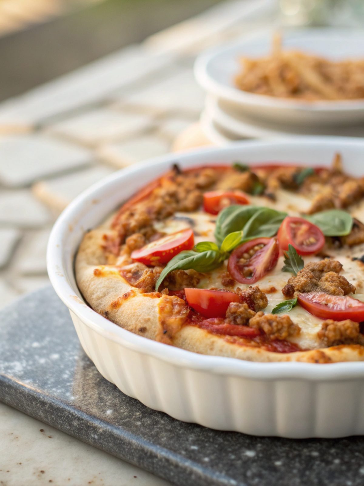 Beautifully cooked ground chicken pizza crust displayed with toppings.