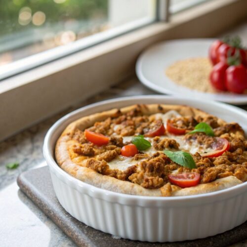 Succulent and crispy ground chicken pizza crust featuring bubbly cheese and fresh toppings