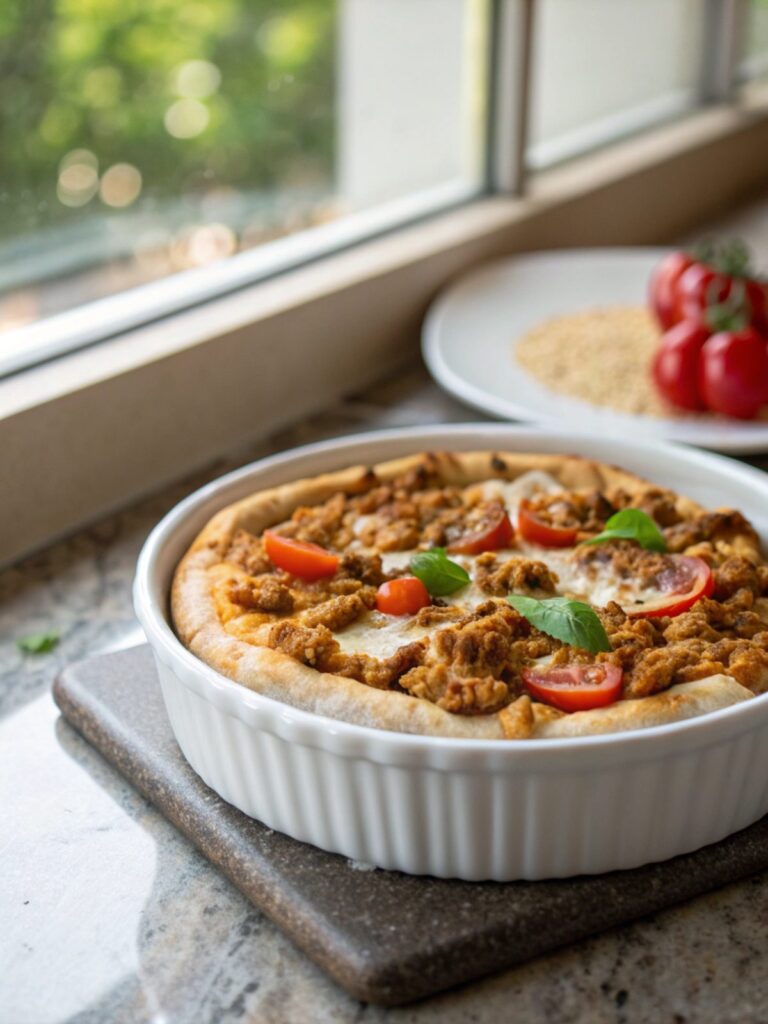 Succulent and crispy ground chicken pizza crust featuring bubbly cheese and fresh toppings