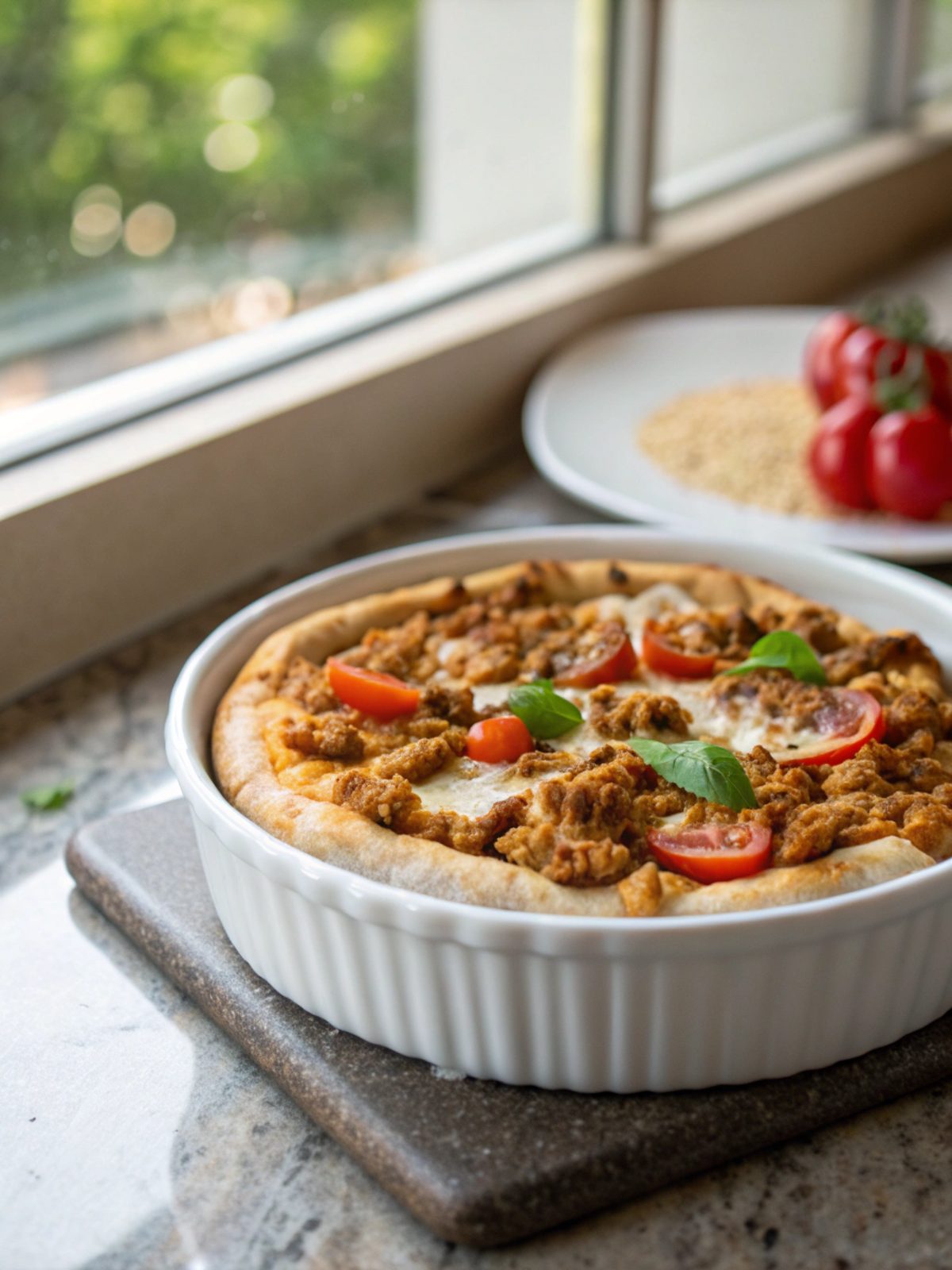 Succulent and crispy ground chicken pizza crust featuring bubbly cheese and fresh toppings