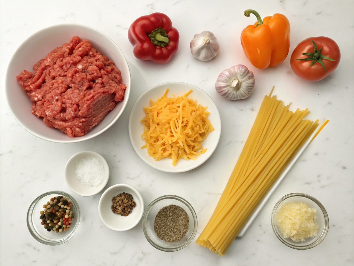A meticulously arranged flat lay of Hamburger Supreme Casserole ingredients.