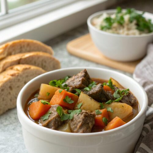 A sumptuous slow cooker beef stew served in a bowl, garnished with herbs.