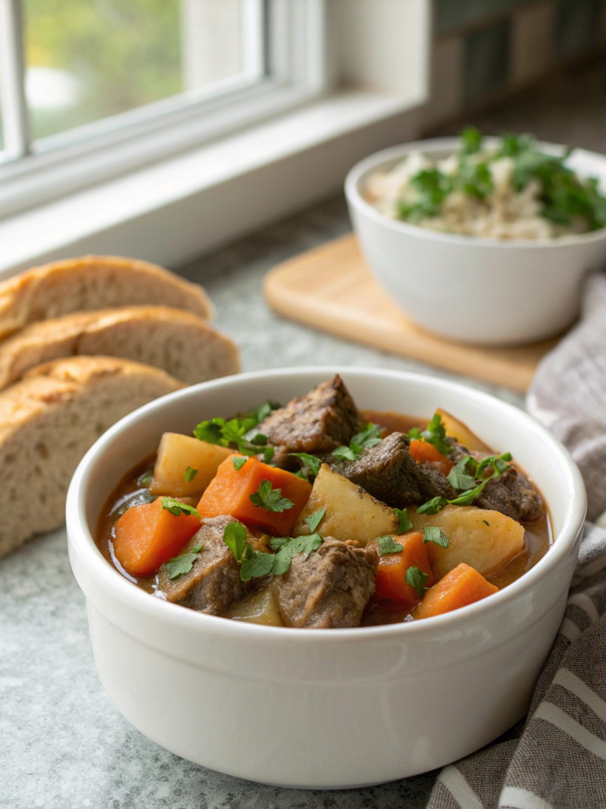 A sumptuous slow cooker beef stew served in a bowl, garnished with herbs.