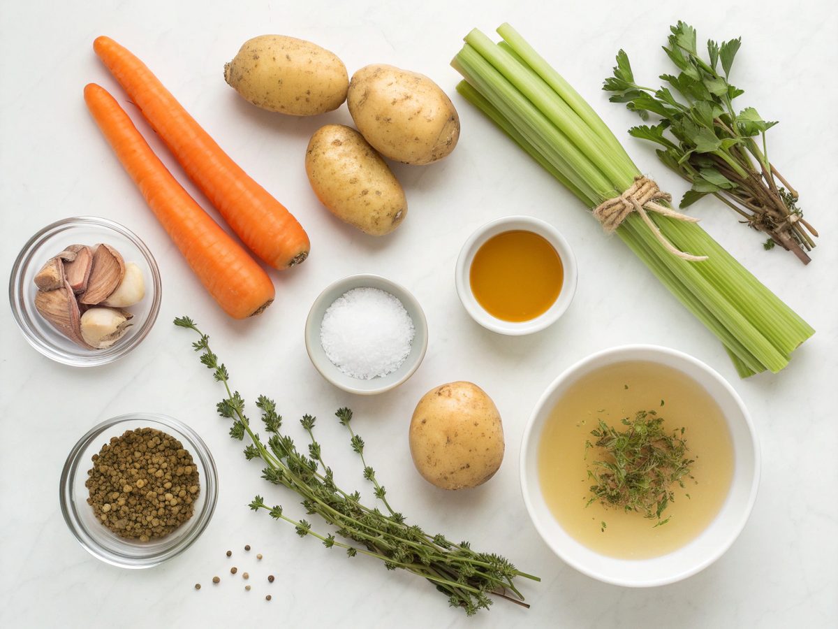 Flat lay of ingredients for Hearty Veggie Crockpot Soup