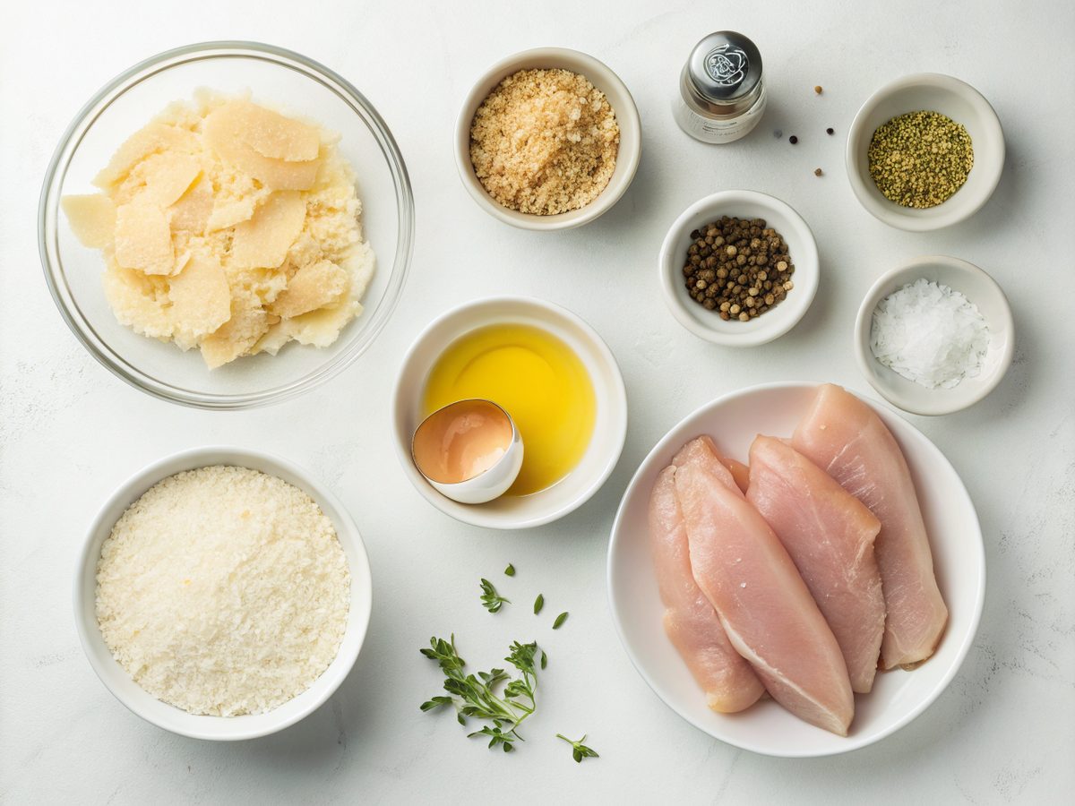 A flat lay of ingredients for Herb Crusted Parmesan Chicken, including chicken breasts, Parmesan cheese, and herbs.