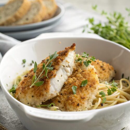 A stunning image of the Herb Crusted Parmesan Chicken, showcasing its crispy herb-infused coating.