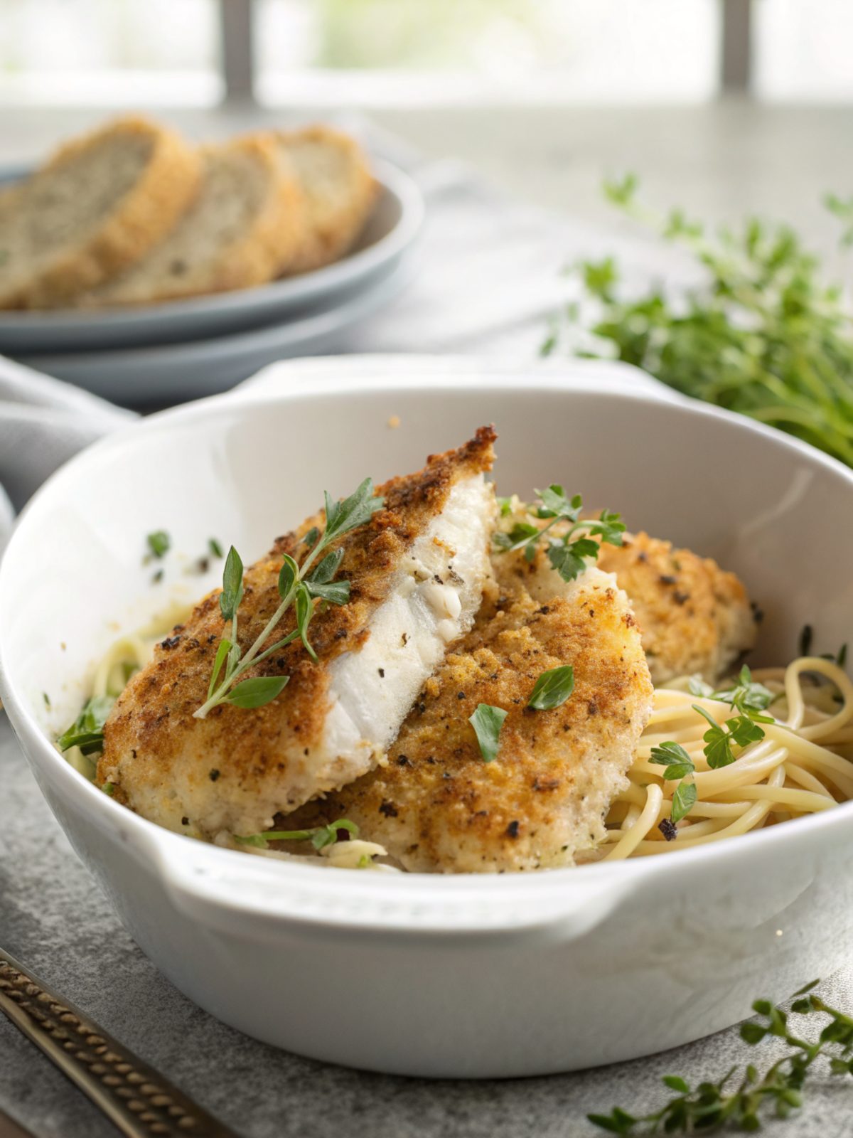 A stunning image of the Herb Crusted Parmesan Chicken, showcasing its crispy herb-infused coating.