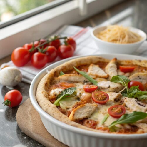 Featuring a mouthwatering high protein chicken pizza