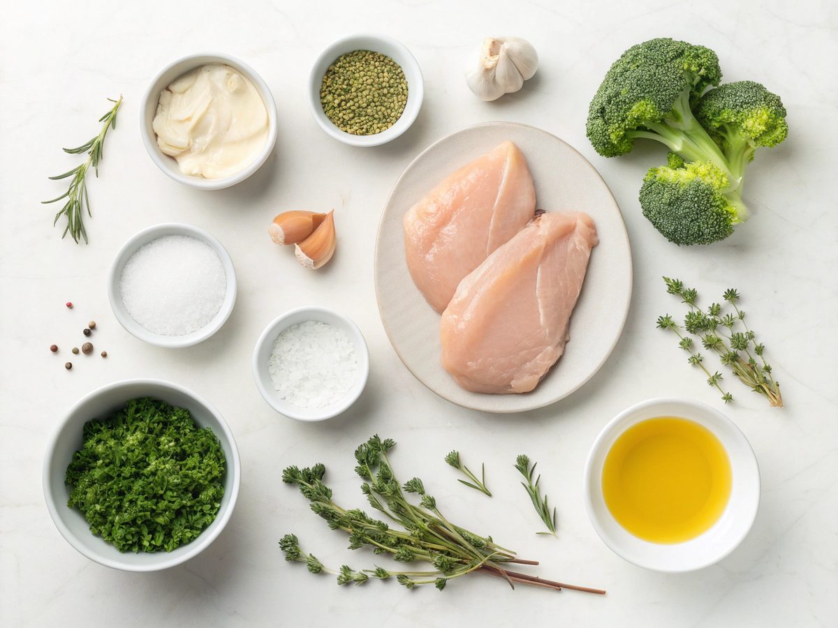 Illustration of ingredients for a high-protein dinner recipe, including chicken breasts, quinoa, and broccoli.