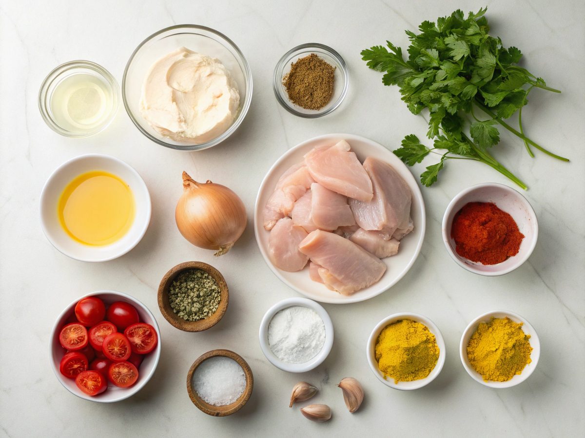 Ingredients for a delicious homemade butter chicken recipe including chicken, spices, and cream.