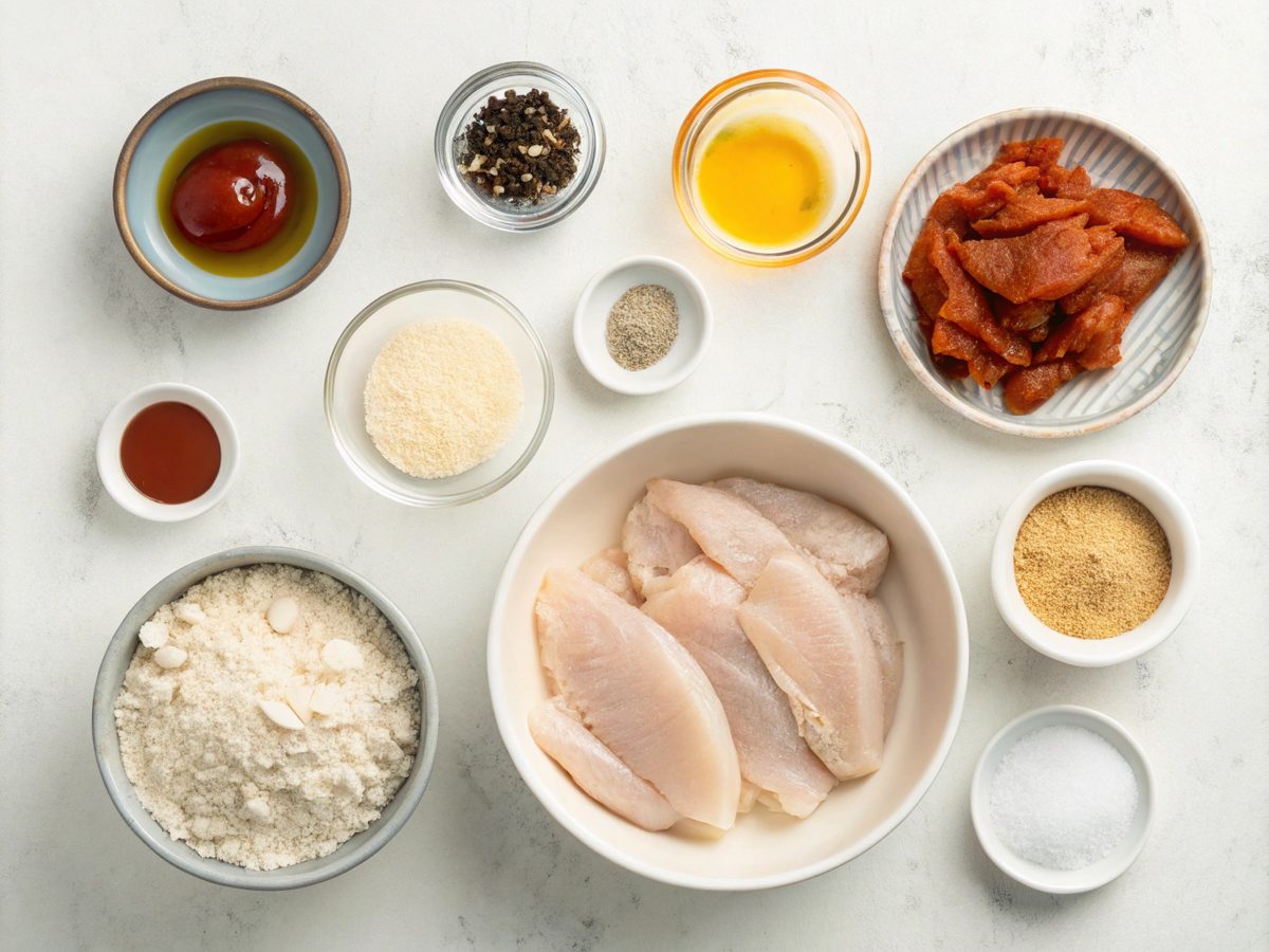 Honey BBQ Fried Chicken Tenders ingredients laid out on a counter