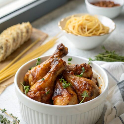 Dish of honey garlic baked chicken drumsticks garnished with sesame seeds and parsley