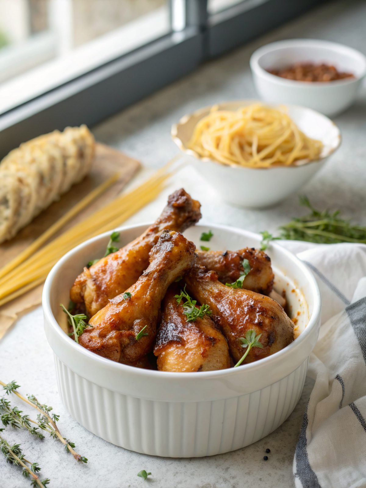 Dish of honey garlic baked chicken drumsticks garnished with sesame seeds and parsley