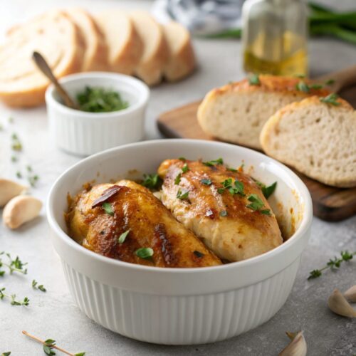 Beautifully served Honey Garlic Chicken Breasts with golden glaze and parsley garnish.