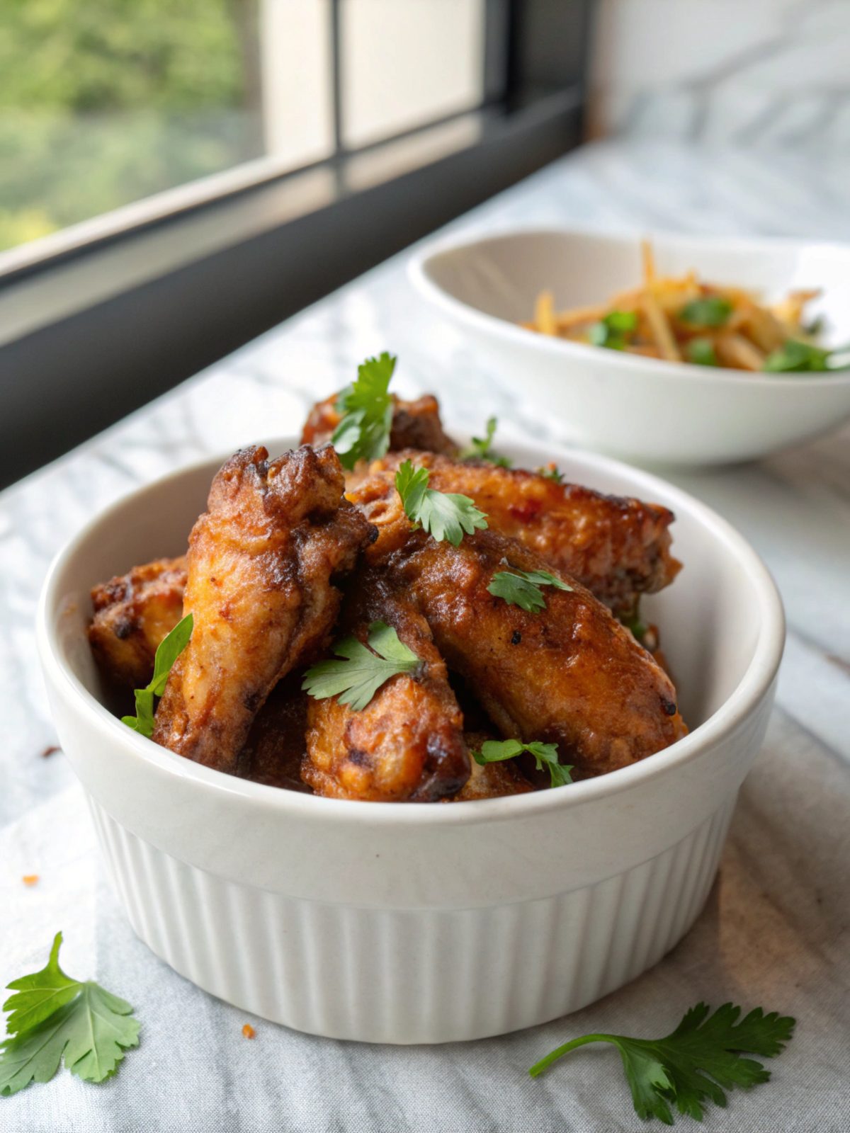 Final display of Honey Garlic Chicken Wings with fresh garnishes