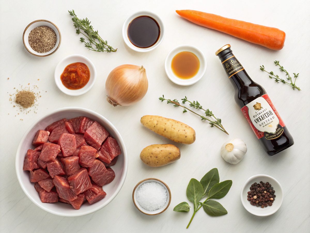 A visual presentation of ingredients used in Guinness Beef Stew.