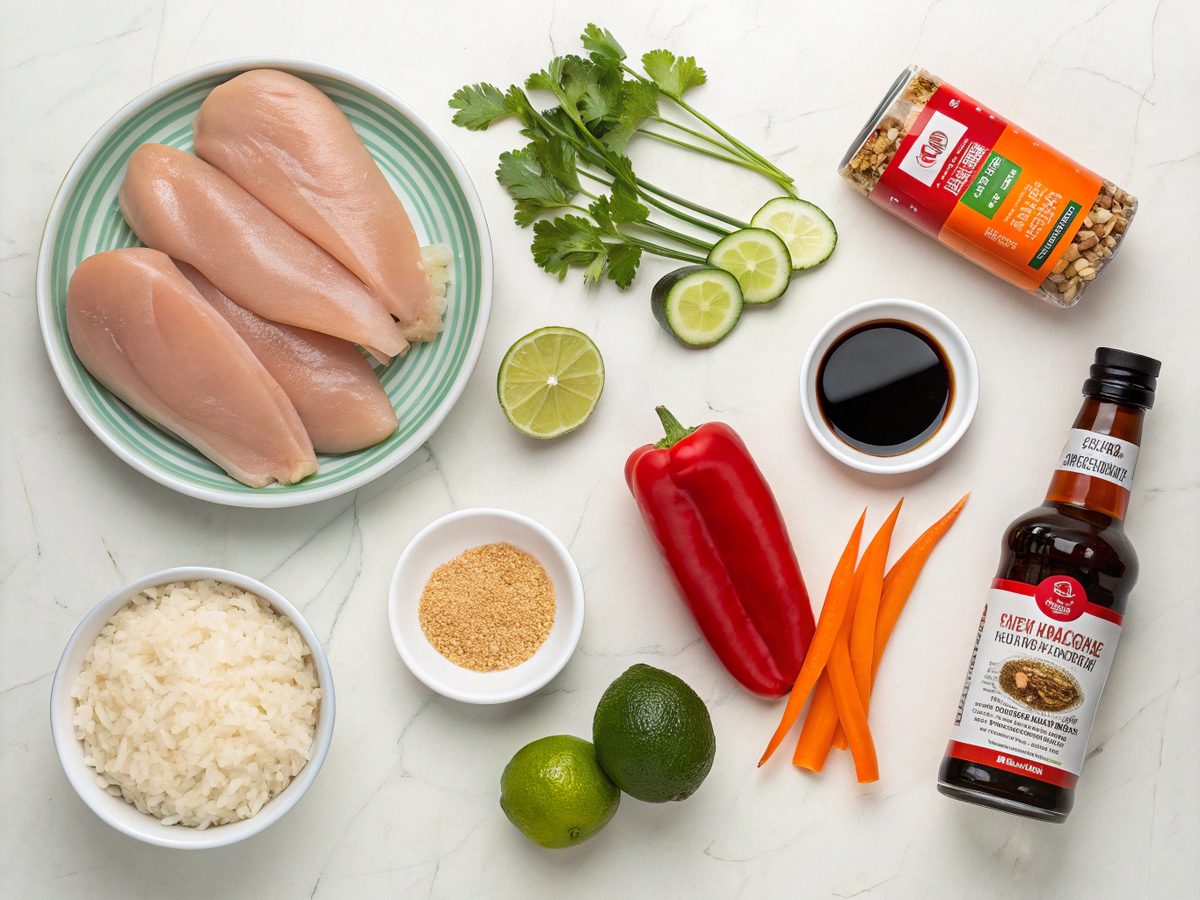 Collection of fresh ingredients for Thai Peanut Chicken Buddha Bowl