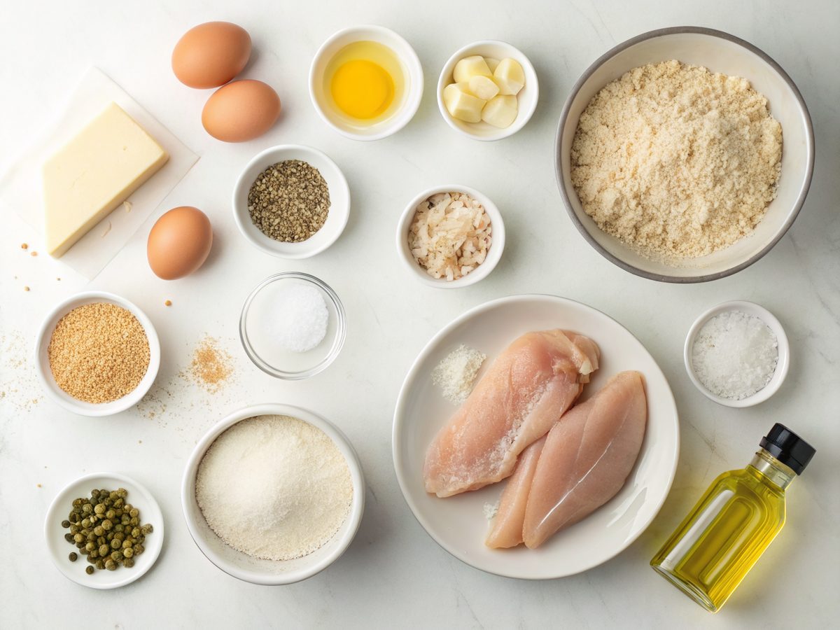 The complete set of ingredients for making baked parmesan crusted chicken