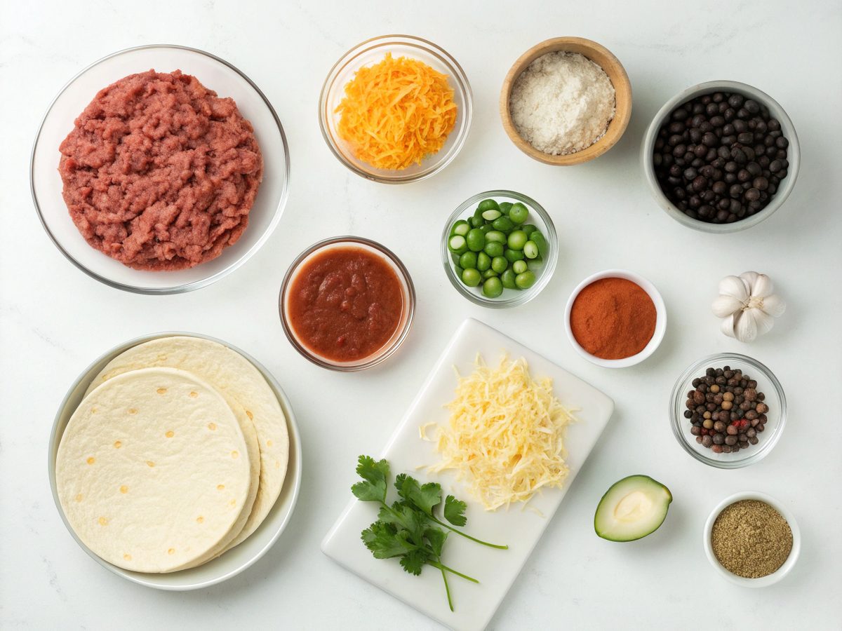 All necessary ingredients for beef enchilada casserole on display