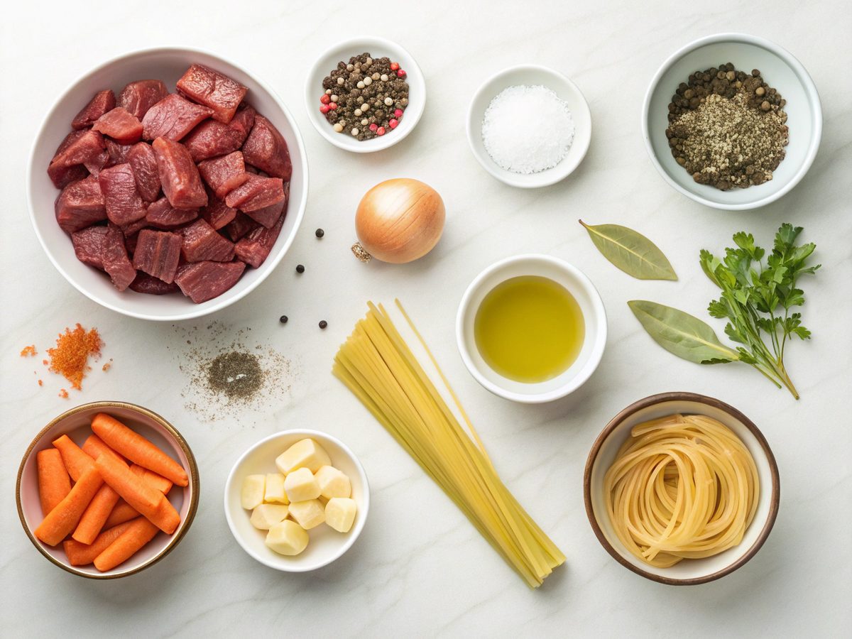 Ingredients needed for beef stew egg noodles.