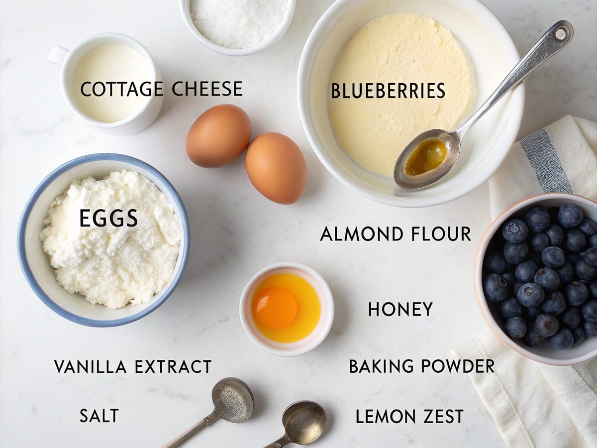 Flat lay of ingredients for Blueberry Cottage Cheese Breakfast Bake