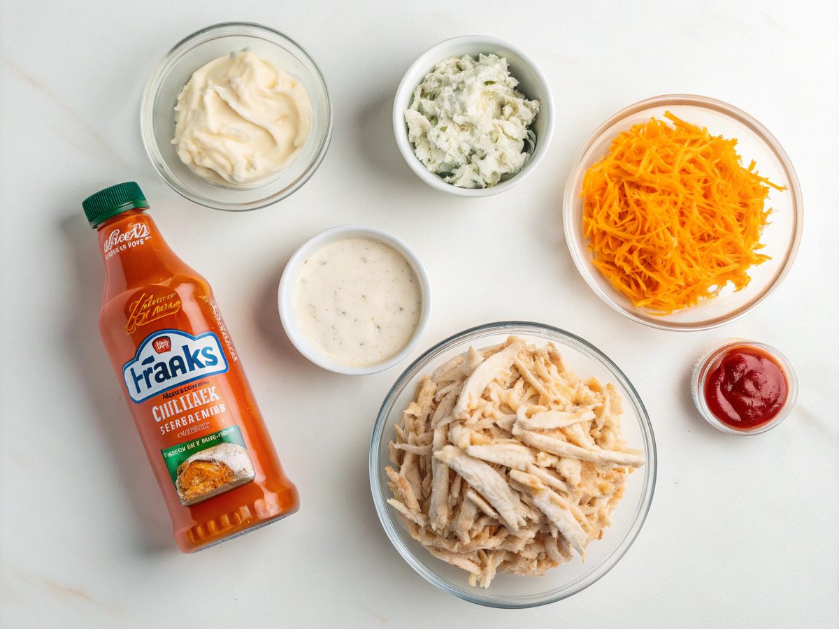 A visual presentation of ingredients for buffalo chicken dip recipe