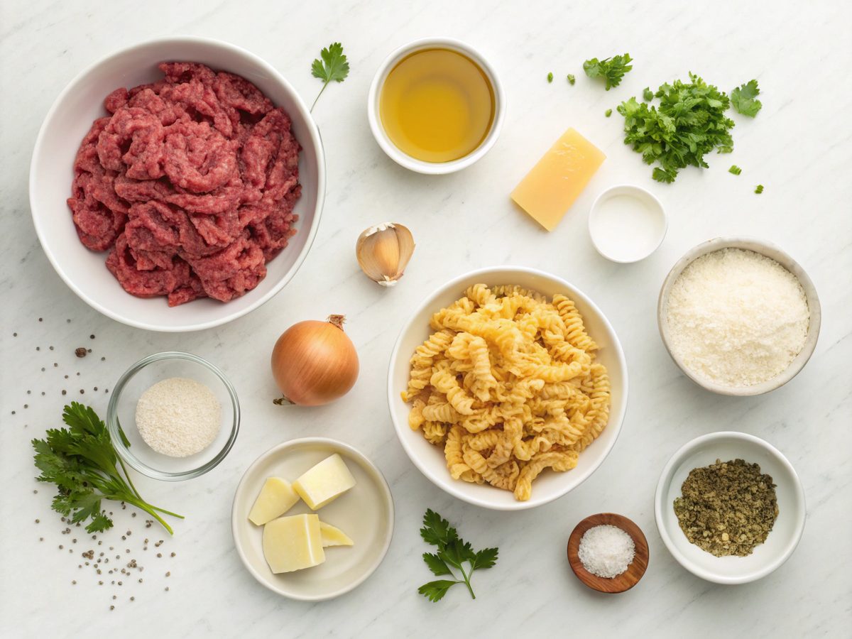 A collection of ingredients for making creamy beef pasta