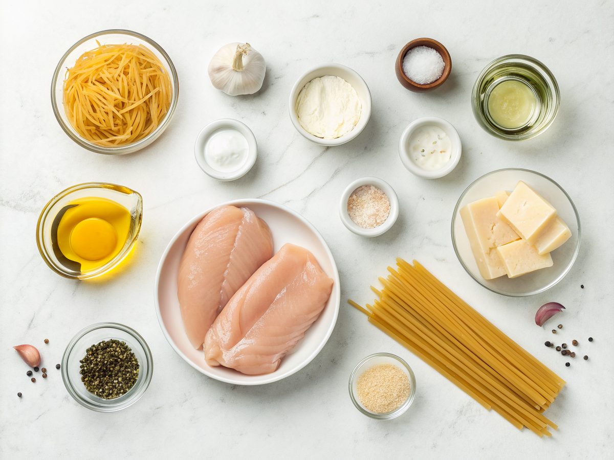 Flat lay of ingredients for Creamy Chicken Boursin Pasta