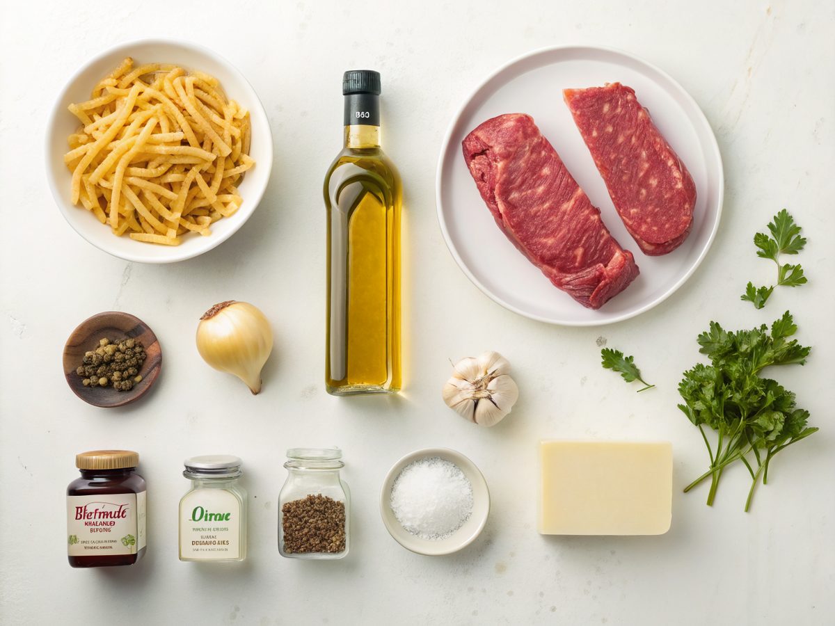 Visual display of ingredients for making Creamy Garlic Beef Pasta