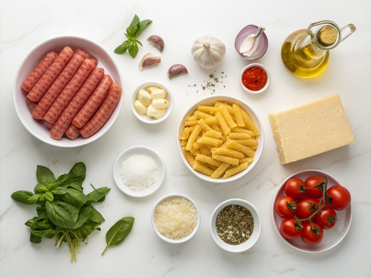 Flat lay of ingredients for creamy Italian sausage rigatoni
