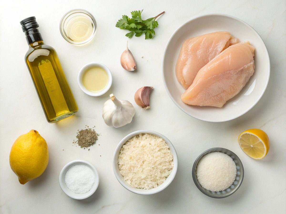 Ingredients laid out for creamy lemon chicken rice with chicken, rice, and lemon.