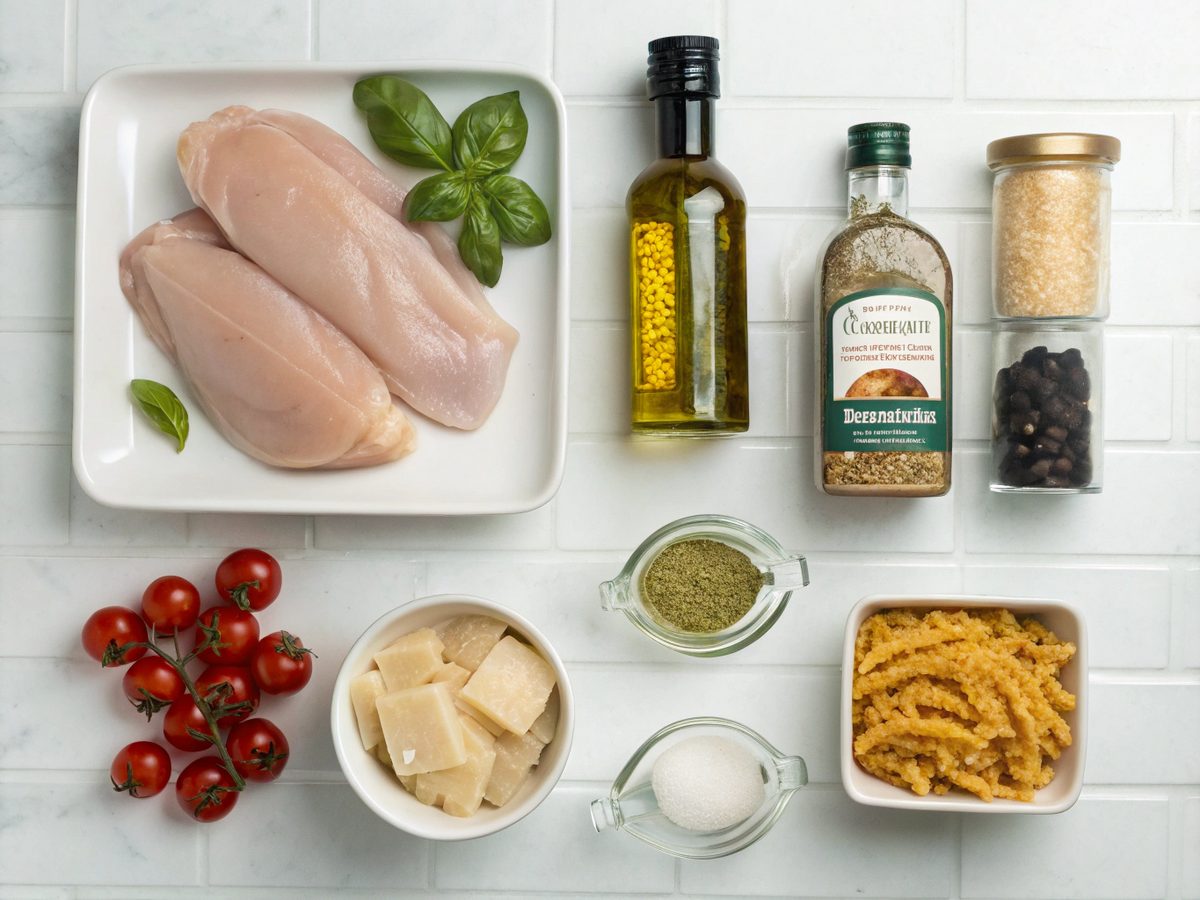 Flat lay of ingredients for Creamy Marry Me Chicken Pasta on a kitchen counter.