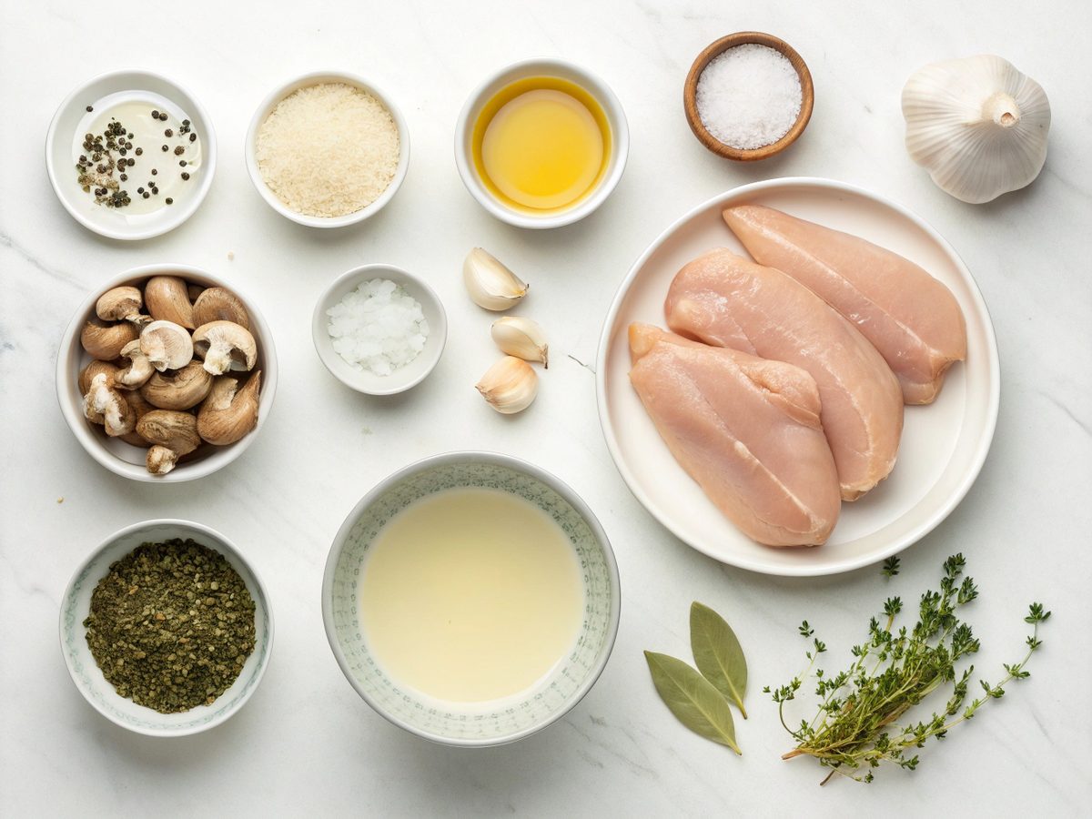 Ingredients for making creamy smothered chicken breast, including chicken, mushrooms, and cream.