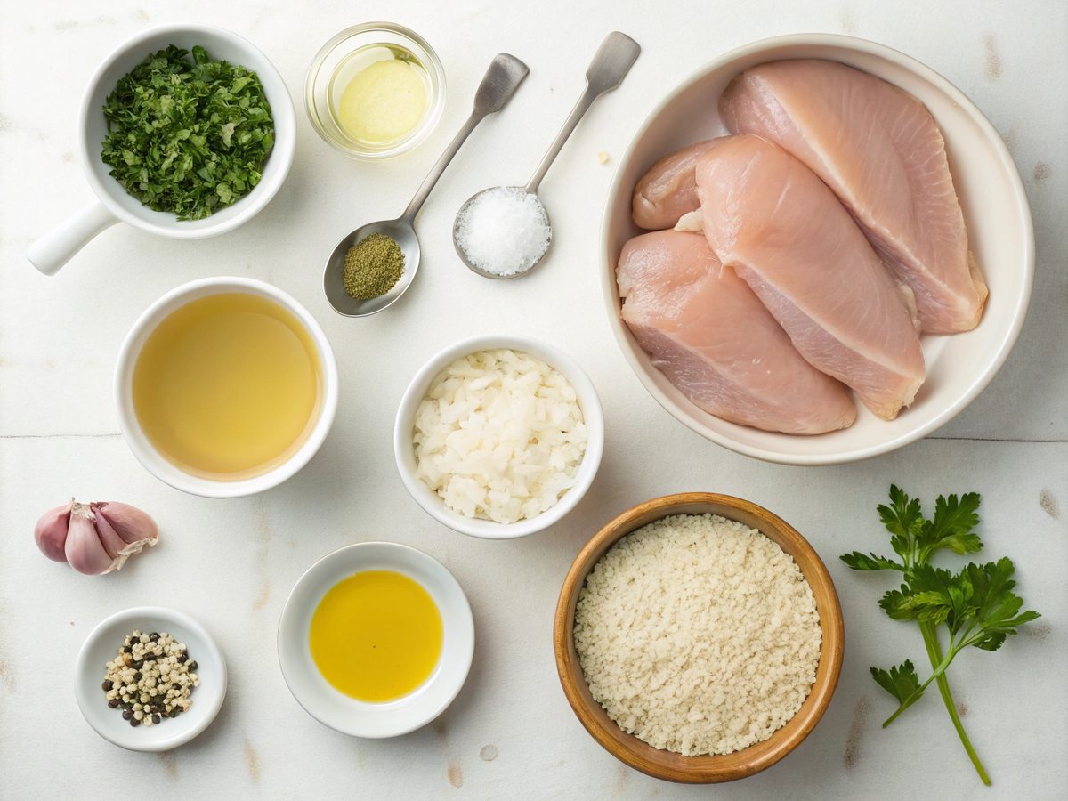 Top-down view of ingredients needed for Creamy Smothered Chicken Rice