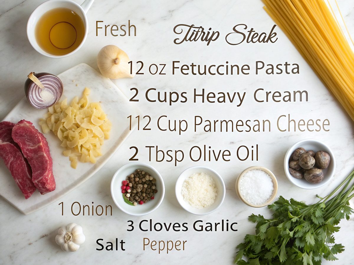 Image of ingredients needed for creamy strip steak pasta recipe
