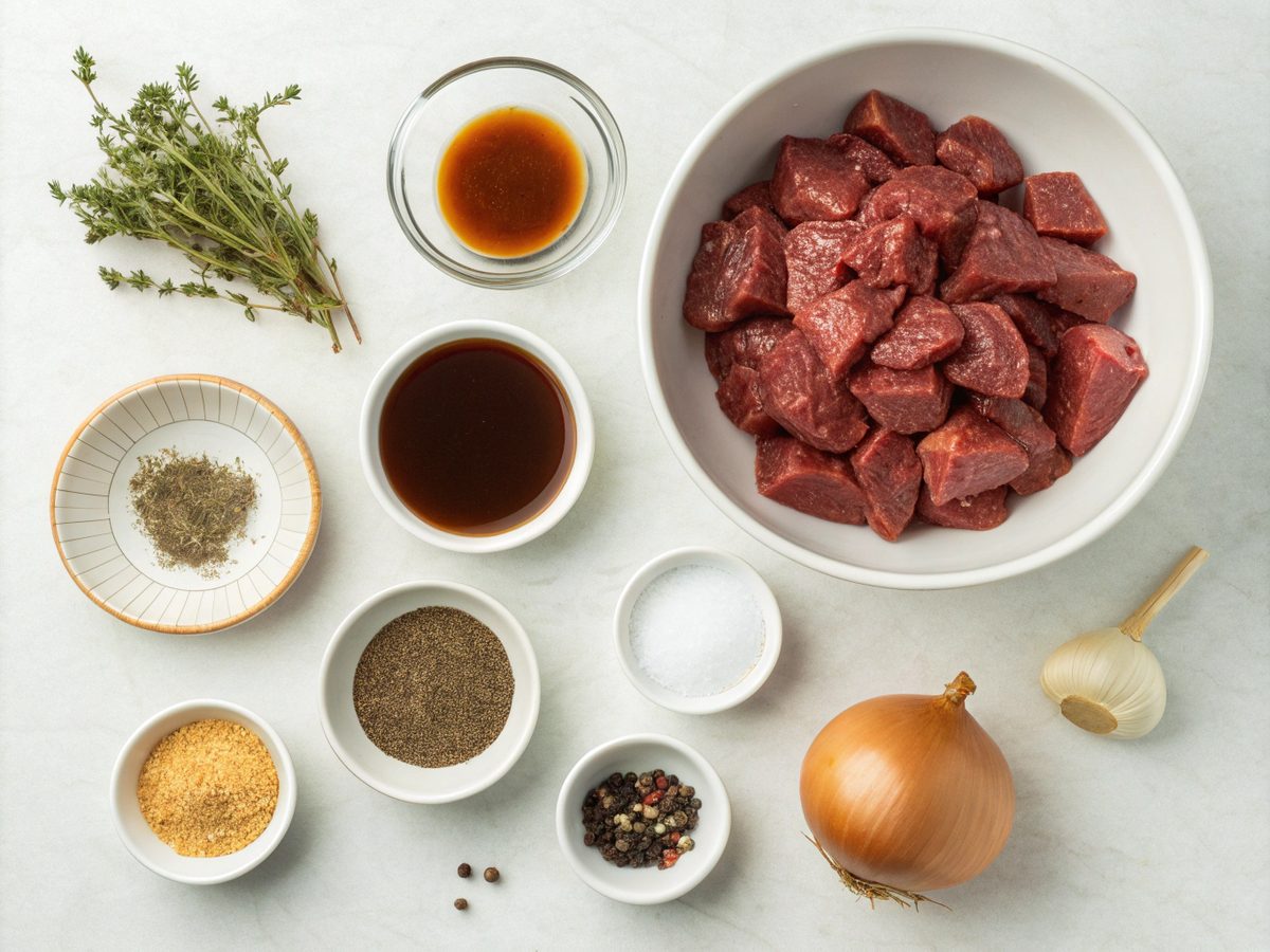 Flat lay view of ingredients for crockpot beef tips recipe.
