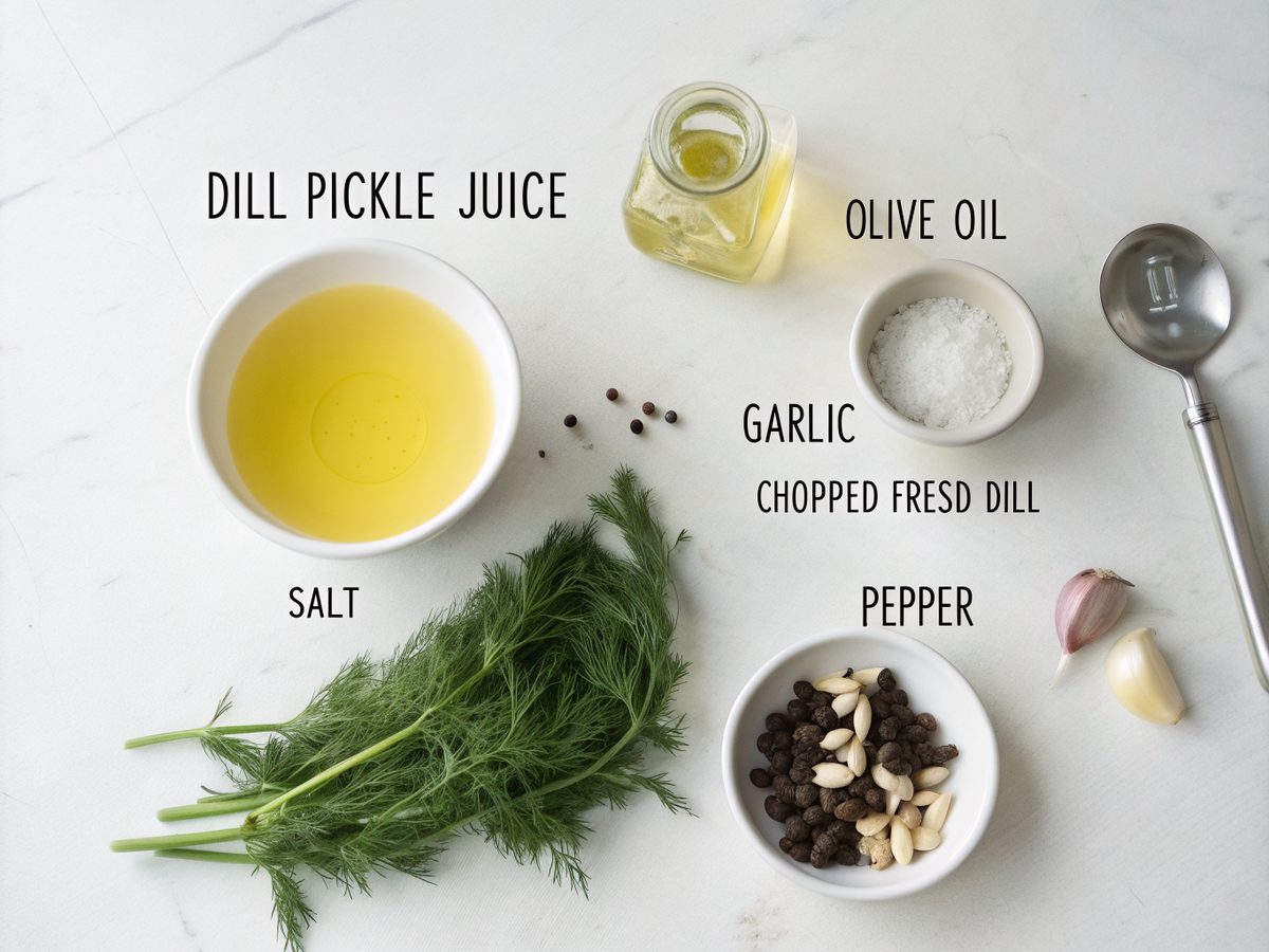 Top view of dill pickle chicken marinade ingredients like pickle juice, olive oil, garlic, and dill