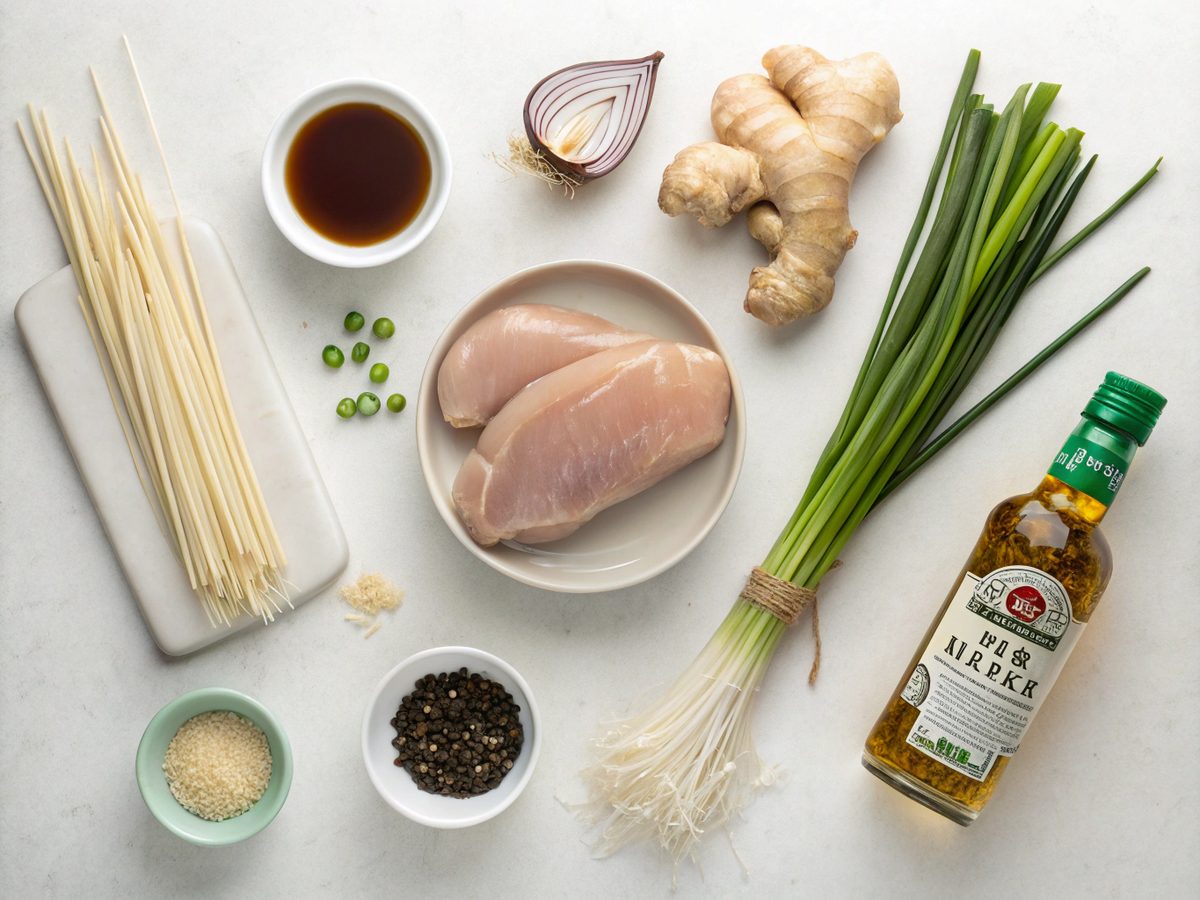 Ingredients laid out for making ginger garlic chicken noodle soup.