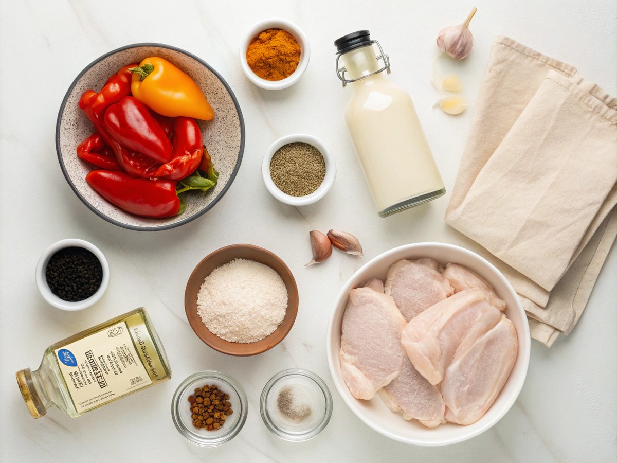 A flat lay image showing the ingredients for Grandma's Southern Fried Chicken.