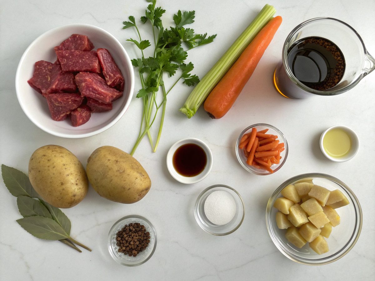 A flat lay of ingredients for making Hearty Irish Beef Stew.