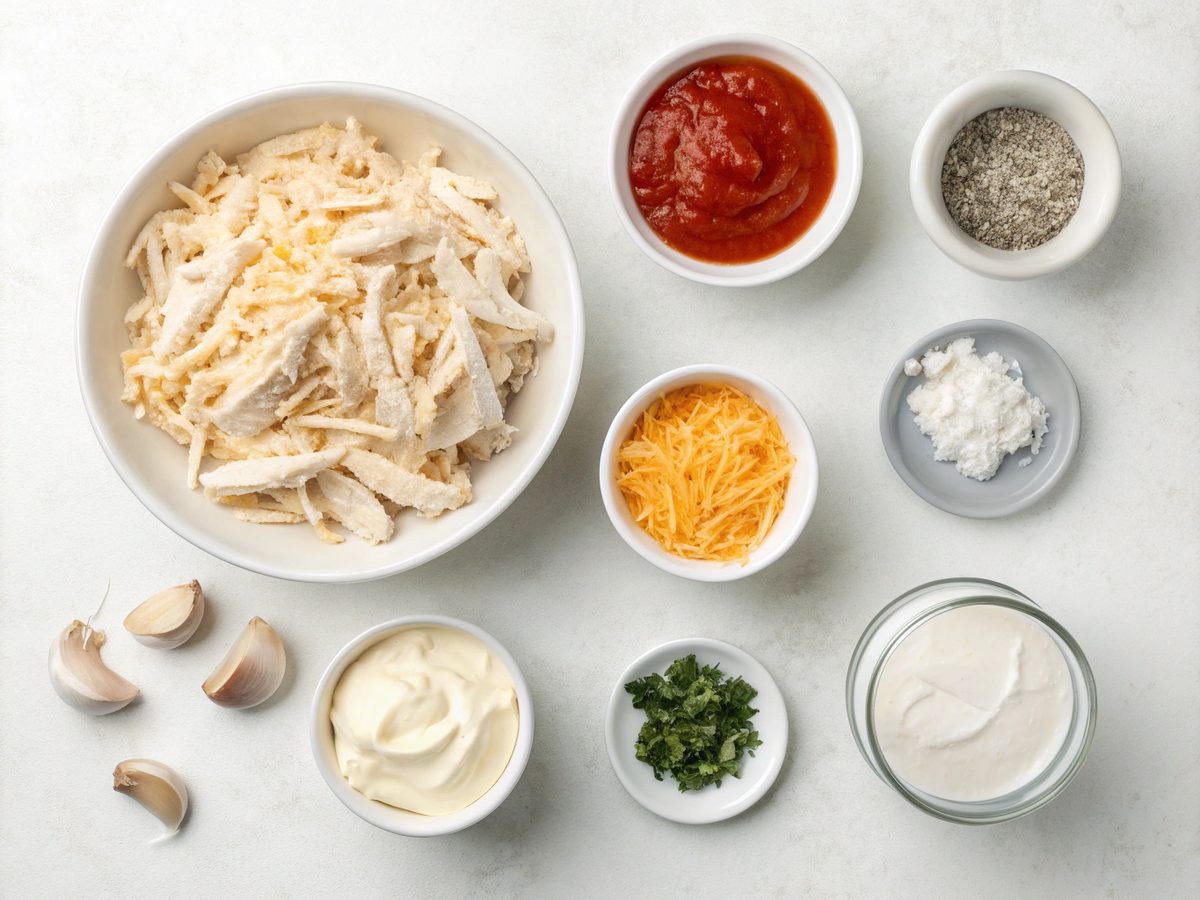 A creative layout showcasing the ingredients for high protein buffalo chicken dip