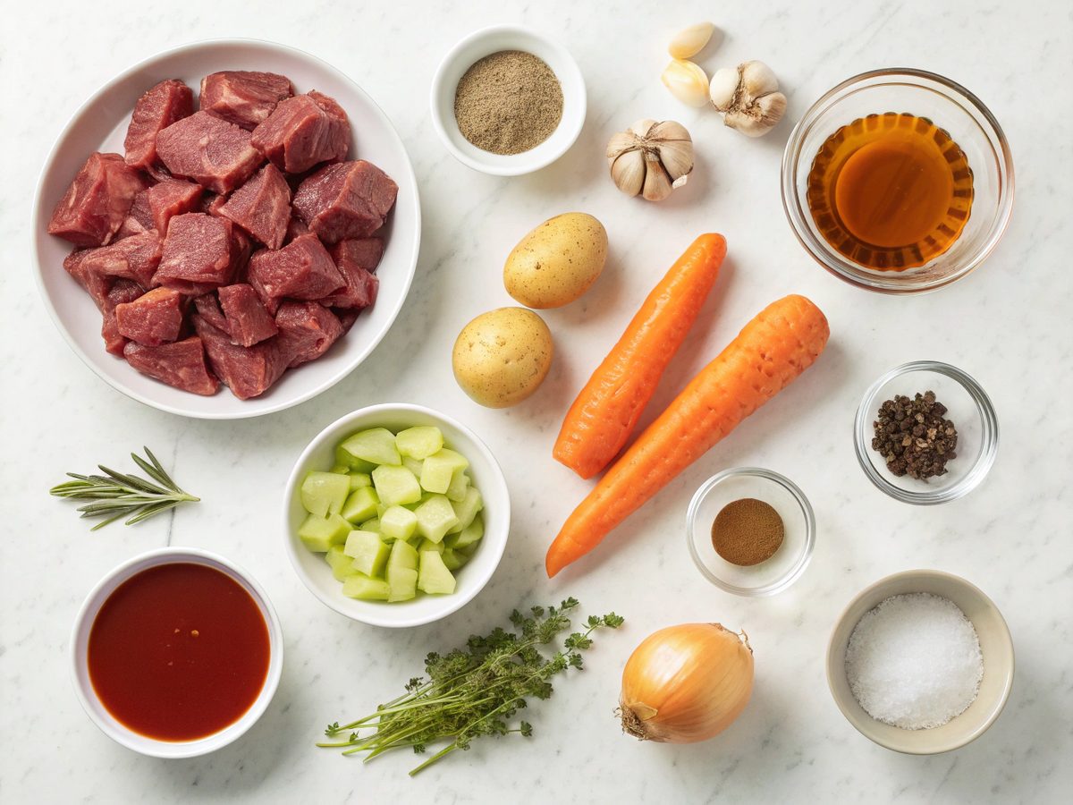 A visually appealing flat lay of ingredients for Instant Pot Beef Stew