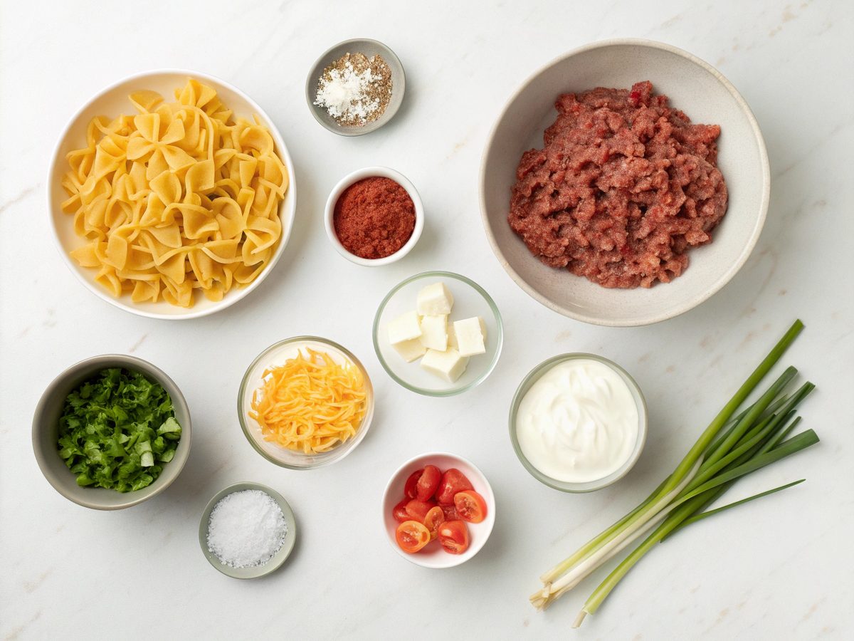 Flat lay of ingredients needed for Loaded Taco Pasta Bake